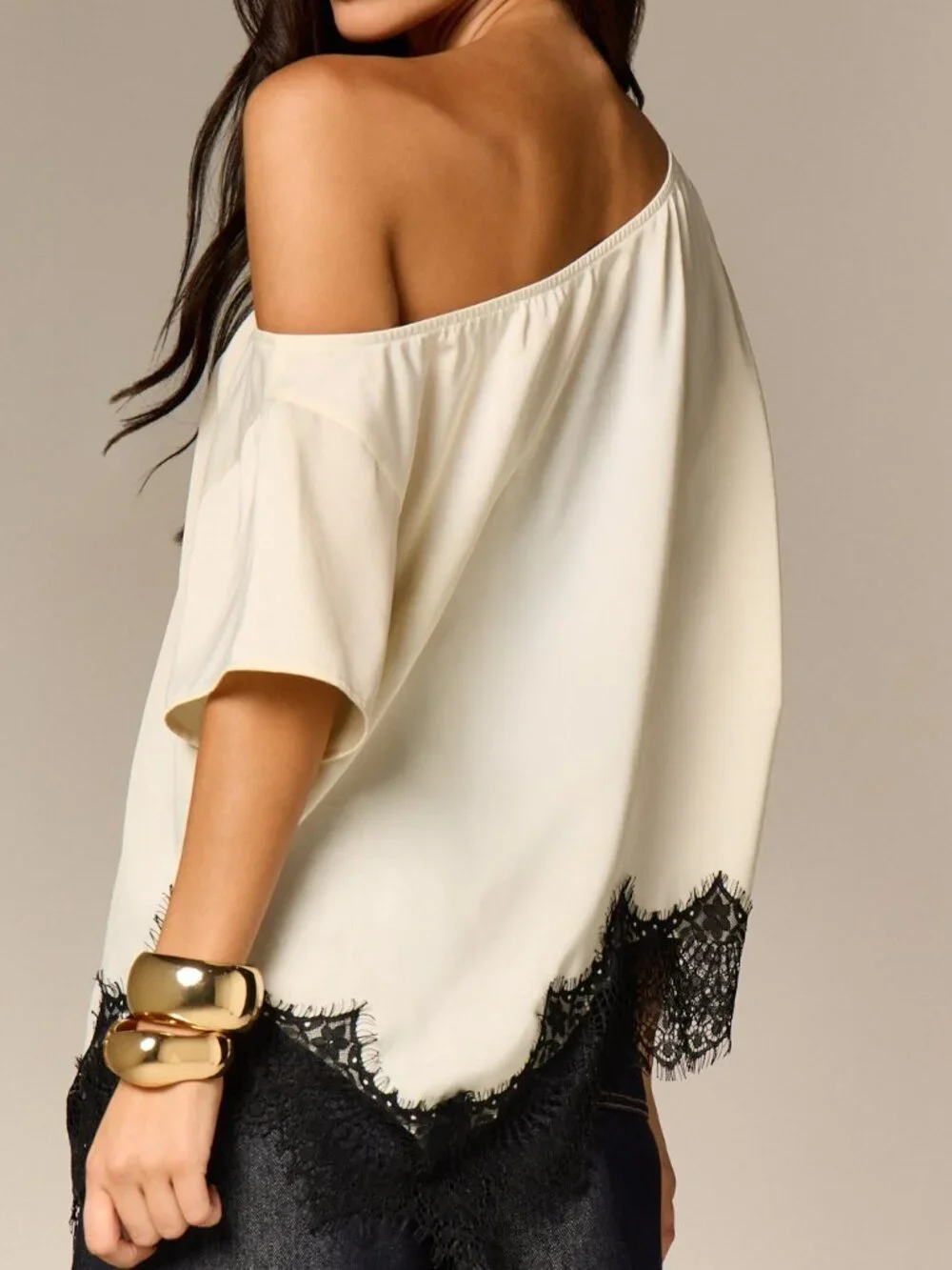 Multicolor Elegant Women's Off-Shoulder Asymmetric Lace Trim Blouse